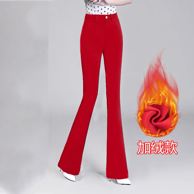 2025秋冬季时尚加绒红色牛仔裤女高腰加厚弹力百搭大码修身喇叭裤
