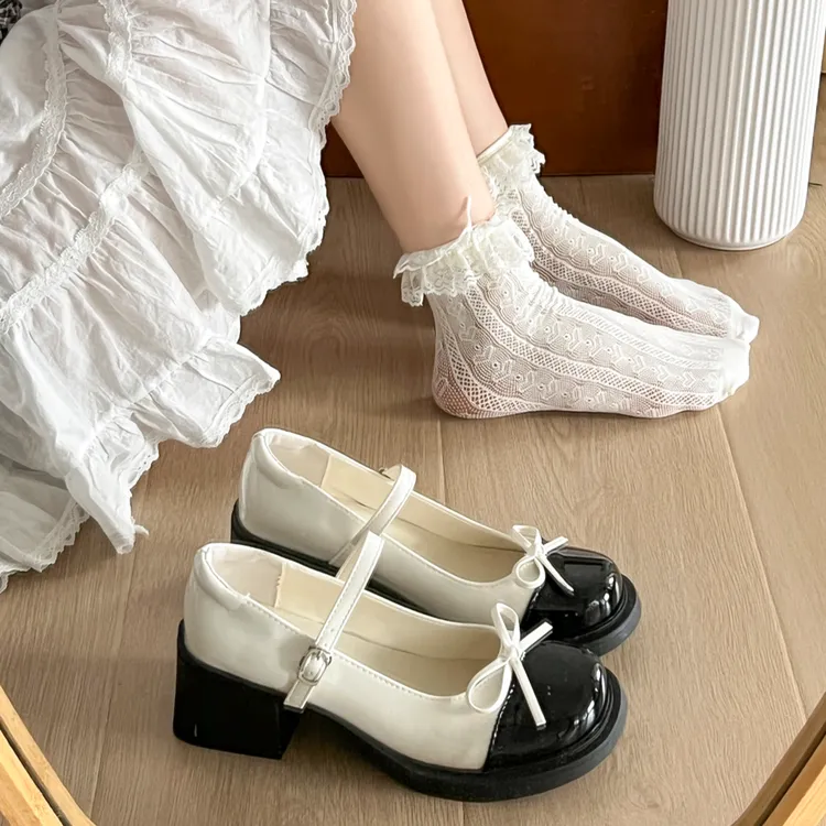 OJRZ玛丽珍小皮鞋高跟鞋复古法式浅口厚底蝴蝶结单鞋女鞋圆头银色