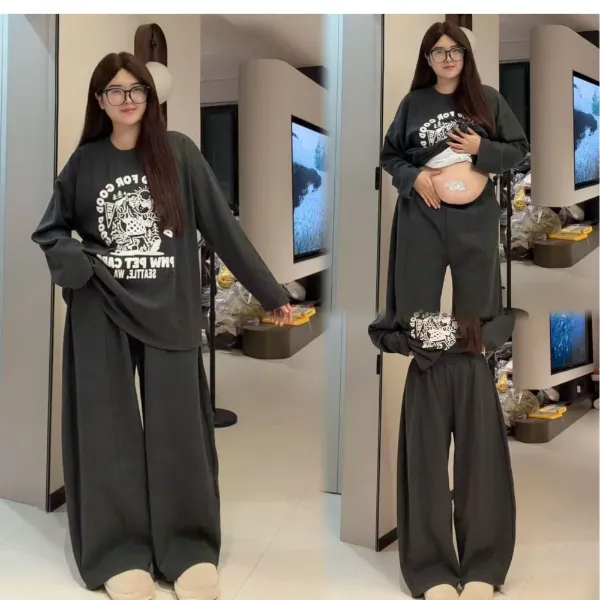 新款大码通勤风休闲百搭打底上衣宽松加绒阔腿裤套装