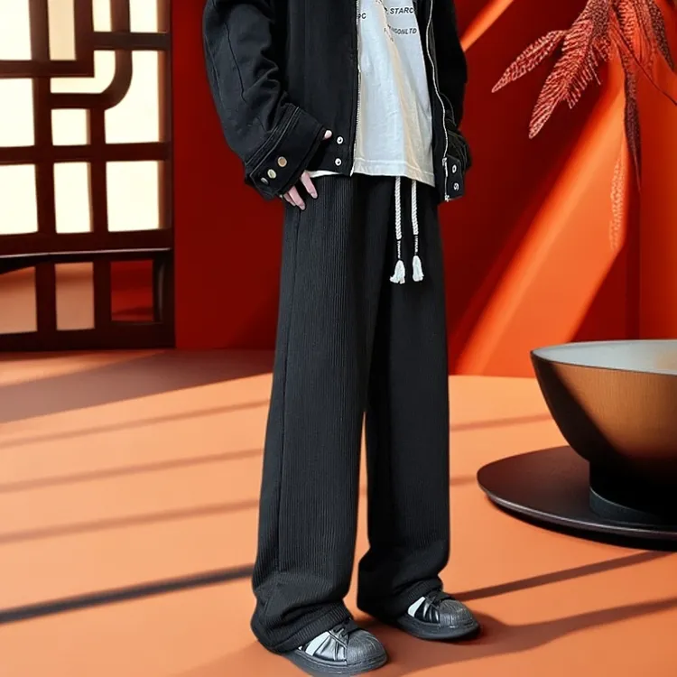 休闲长裤春秋休闲裤春季肌理感港风美式休闲直筒裤大码宽松阔腿长
