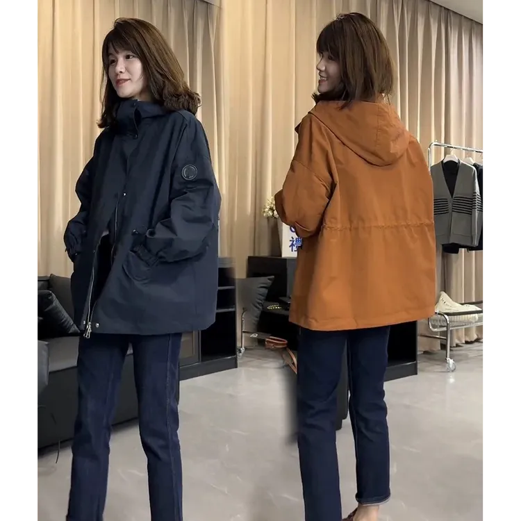 收腰连帽冲锋衣外套女2025秋冬新款中长款宽松加棉派克服风衣棉服