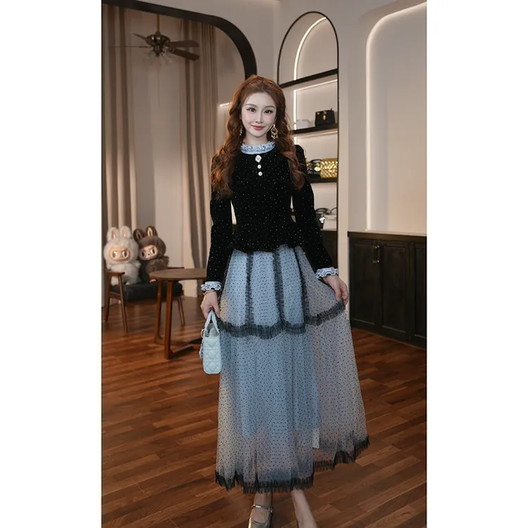 【晚晚定制】设计师新款高腰轻奢优雅名媛拼接小香风连衣裙65582