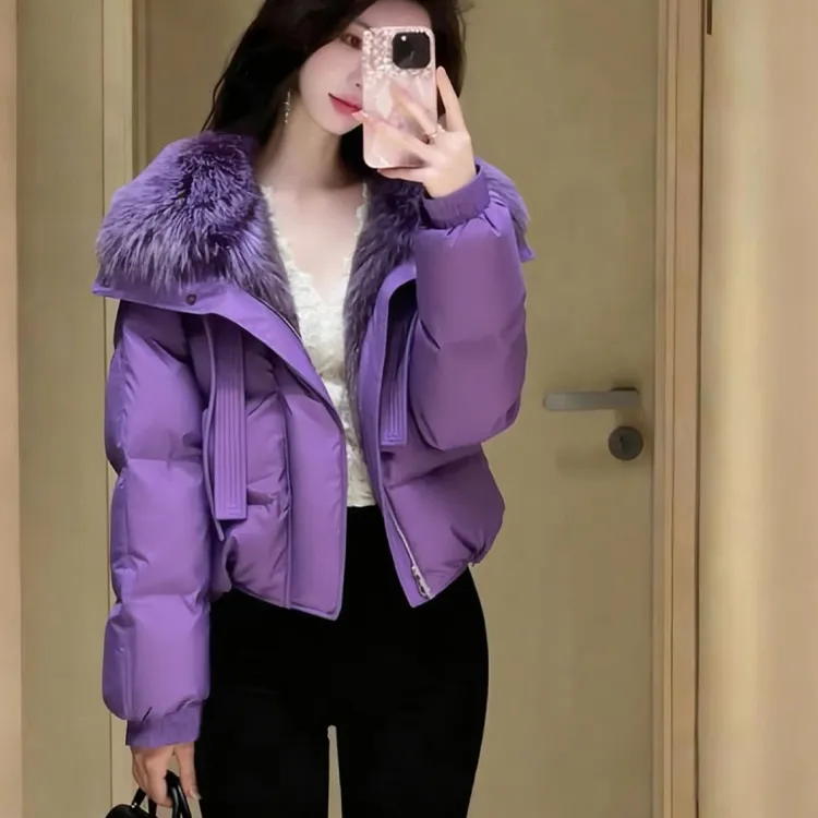 韩版高级感超好看洋气紫色大毛领棉服女2025年新款冬季气质外套潮