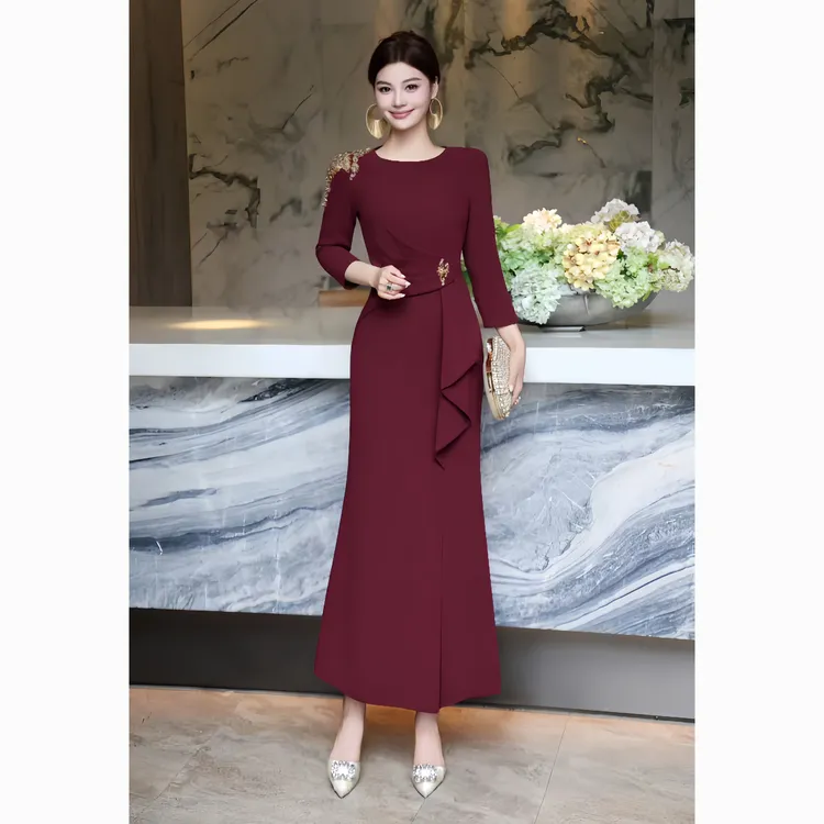 ZEROYK知性优雅风修身礼服裙高级感重工钉珠宴会喜妈妈敬酒服长裙