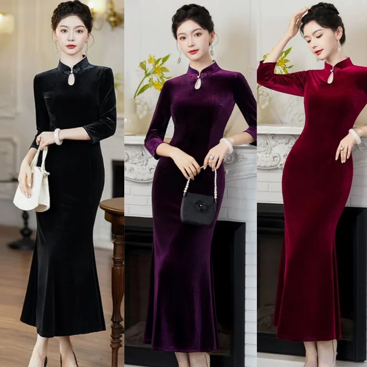 【紫韵】高端紫色丝绒旗袍2025新款气质优雅鱼尾长款老上海宴会
