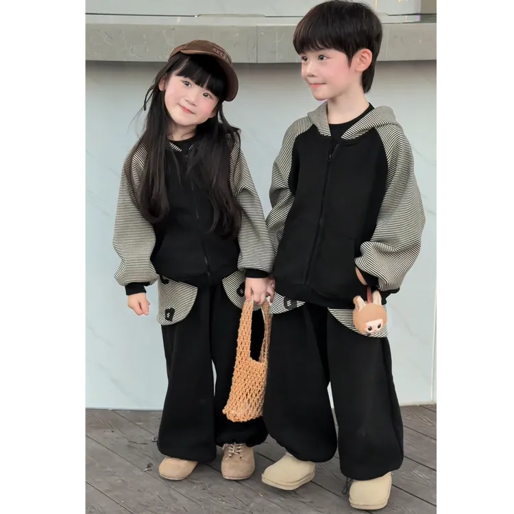 【兄妹装】男女童冬套装2025新款儿童保暖防寒加绒洋气条纹两件套