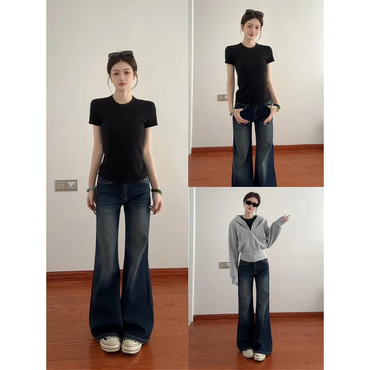 内搭正肩短袖t恤短上衣微喇叭牛仔裤马蹄裤拉链卫衣外套连帽开衫