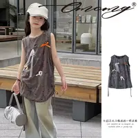 OMOMG25女童破洞吊带T恤休闲无袖圆领重工设计师灰色印花G5C056