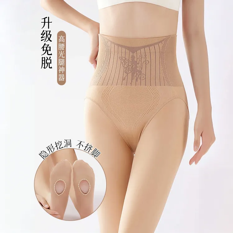 懒人袜免脱脚底挖洞打底裤肉色高腰水光袜秋冬加绒加厚光腿神器女