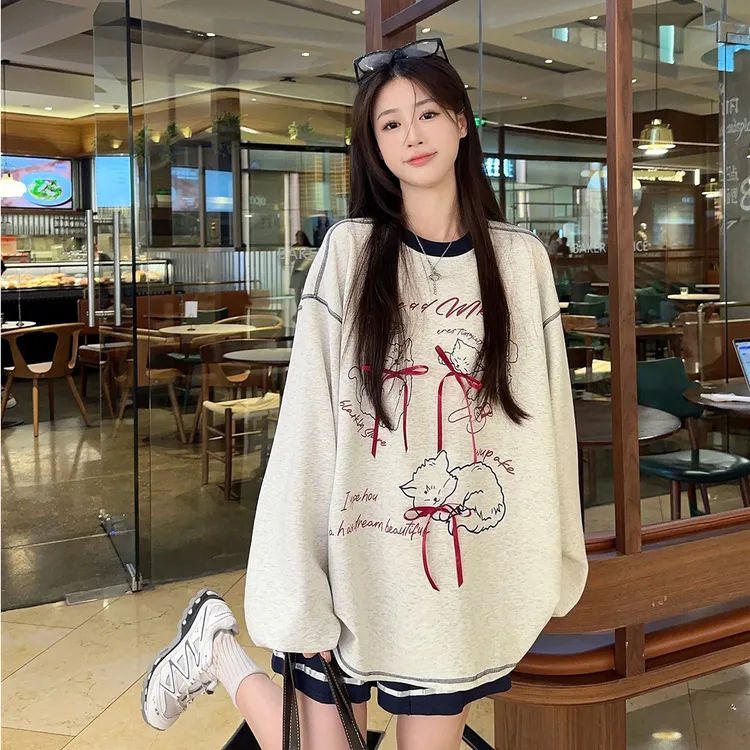 高级感复古猫咪印花圆领卫衣女春秋新款韩系慵懒风休闲宽松上衣