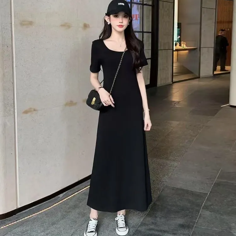 温婉大方衣服时尚宽松休闲慵懒显瘦长款a字百搭小黑裙洋气XJ-102