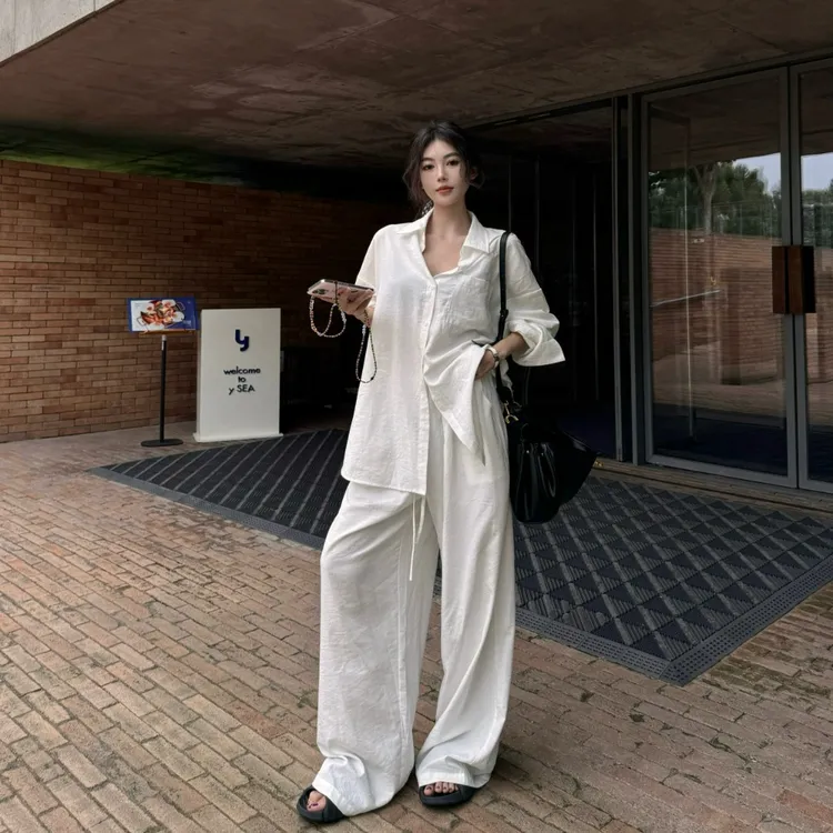 小众春夏韩版松弛感老钱慵懒套装宽松衬衫开衫高腰系带休闲阔腿裤