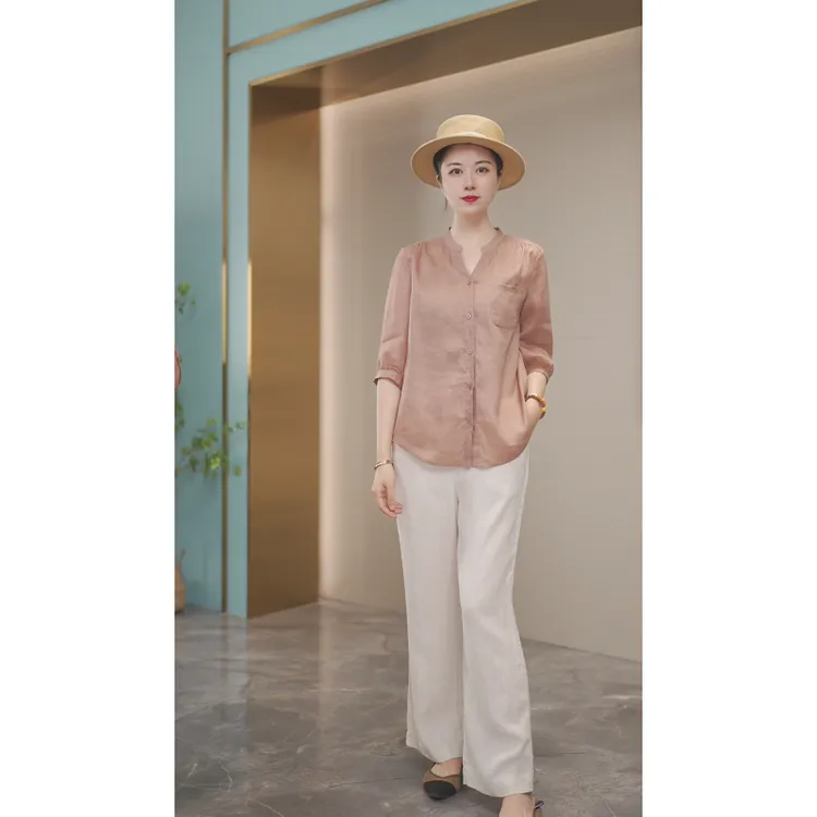 100%苎麻时空集定制夏季新款42支高密度色织高级衬衫立领1057