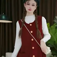 3171款高级感红色千金小香风无袖背心连衣裙+半高领打底衫两件套