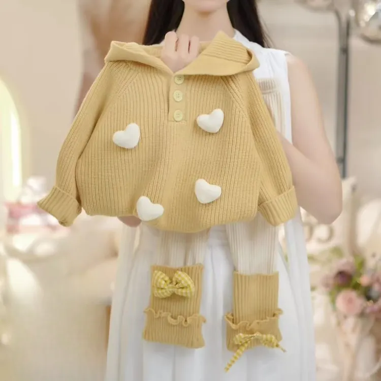 女宝宝套装春秋季甜美洋气爱心连帽毛衣蝴蝶结打底裤超萌两件套潮