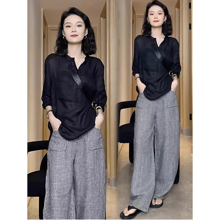 时尚套装女2025夏季新款时髦洋气宽松防晒衬衫格子阔腿裤两件套潮