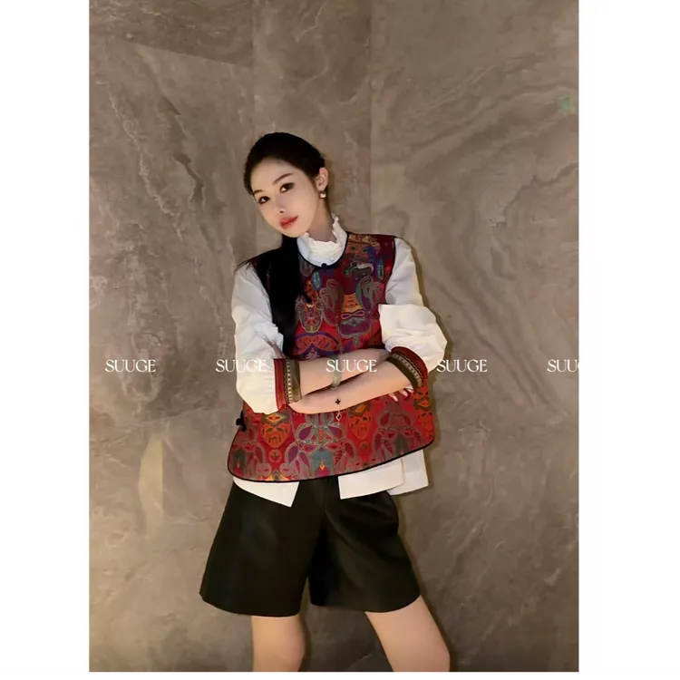 蘇格高定-【百福纳景】新中式国风短款斜襟设计感精致圆领马甲上衣