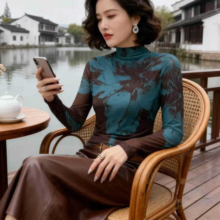 女装时尚潮牌长袖百搭精致上衣秋冬款网纱打底衫女内搭可外穿洋气