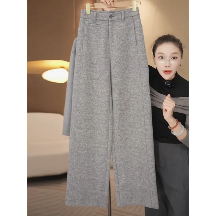 加绒拉毛绵羊毛直筒裤女2025年秋冬季新款高腰显瘦休闲窄版阔腿裤