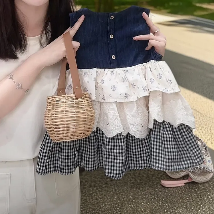森系女童无袖背心裙儿童碎花格子拼接蛋糕裙宝宝连衣裙裙子叠穿女