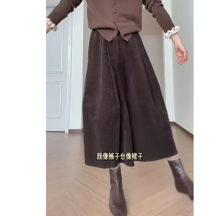 韩系新款高腰裙裤百搭休闲裤奶奶裤女复古灯芯绒显瘦阔腿裤八分裤