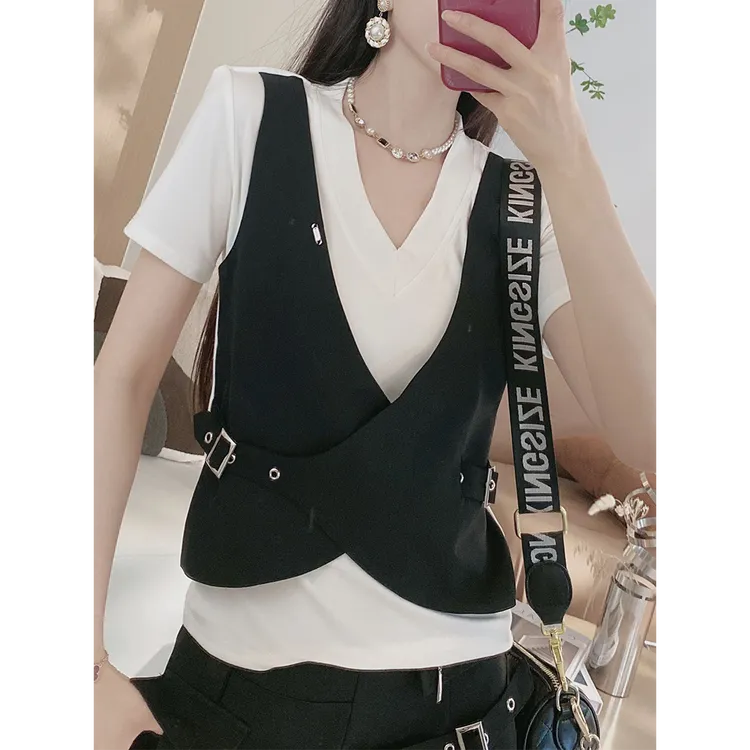 2025时尚休闲气质设计款休闲百搭假两件百搭圆领T恤女士短袖衫