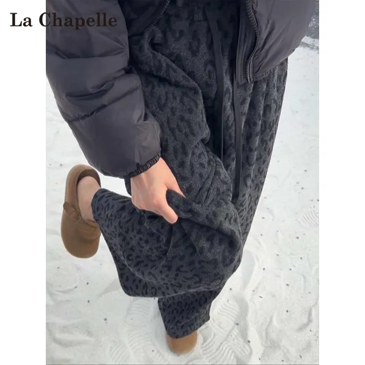 拉夏贝尔加绒加厚豹纹阔腿裤女秋冬宽松bf慵懒风休闲裤糯米毛巾裤