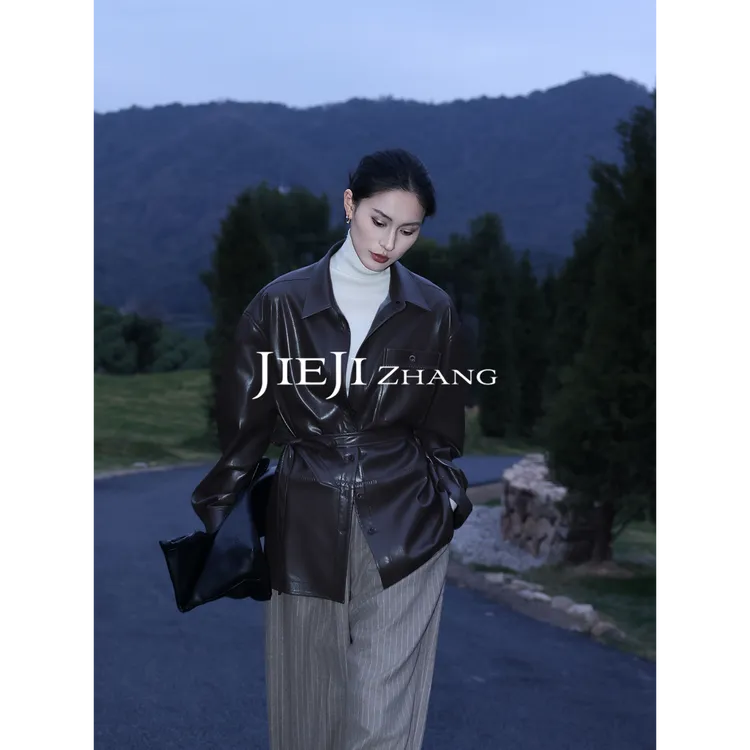 【JIEJI ZHANG】高级定制秋冬时尚百搭咖色皮衬衫351467