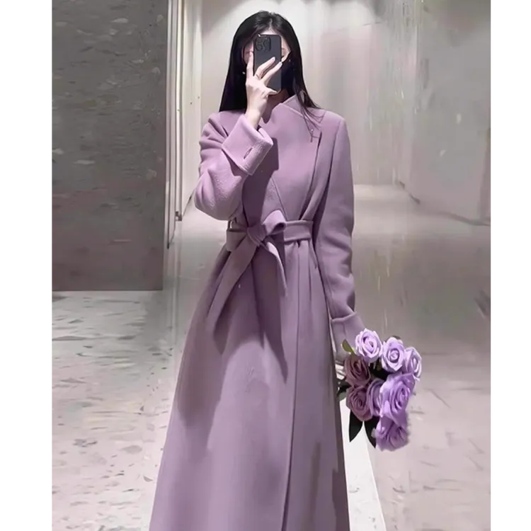 高级感系带收腰毛呢外套女2025秋冬新款韩版气质修身中长款呢大衣