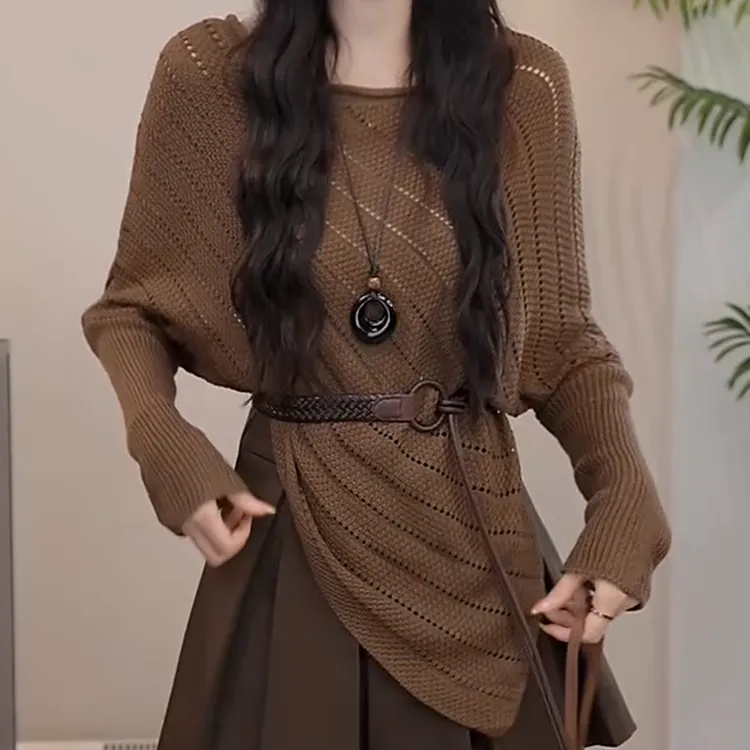 【不带腰带】慵懒风不规则下摆镂空针织衫女秋季C6073