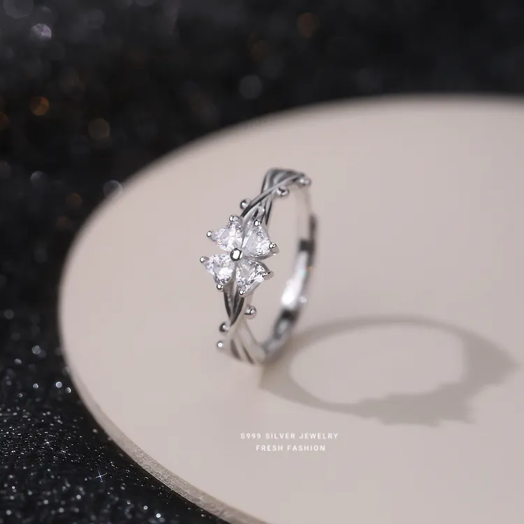 足银戒指 荆棘四叶草戒指简约高级感百搭食指戒
