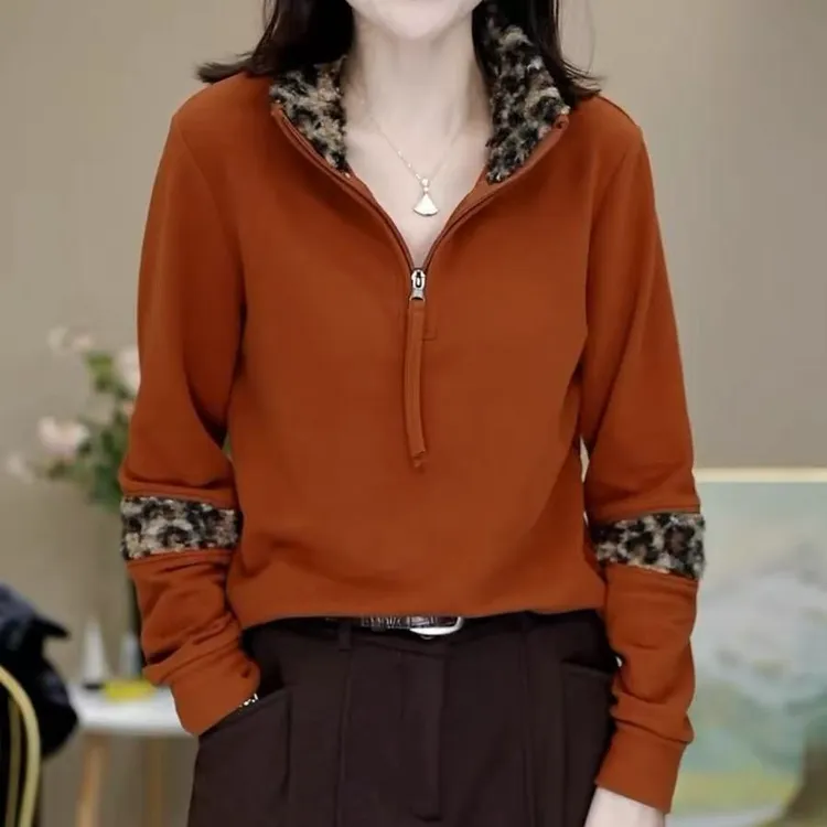 双面绒豹纹拼接加厚打底衫女秋冬2025新款气质减龄半拉链内搭上衣