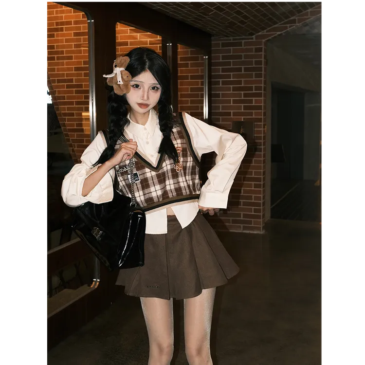 蝴蝶结girl 美式复古感假两件衬衫女秋季学院风别致上衣半裙套装