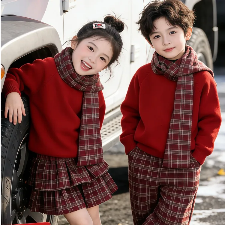 新年氛围感圣诞男女款秋冬洋气红色毛衣格子裤裙儿童保暖秋衣套装