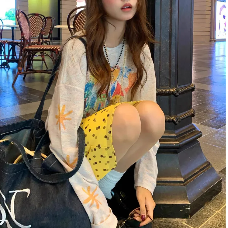 夏季休闲时尚手绘涂鸦罩衫上衣复古彩色打底薄透气长袖T宽松圆领