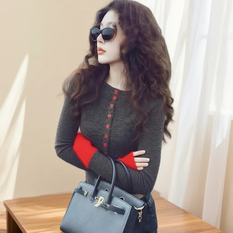 秋冬巨好看撞色拼接毛衣针织打底开衫女内搭小众独特显瘦长袖上衣