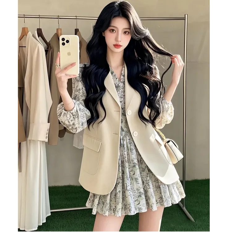 欧洲站小个子法式碎花连衣裙春装新款港味复古马甲chic裙子两件套