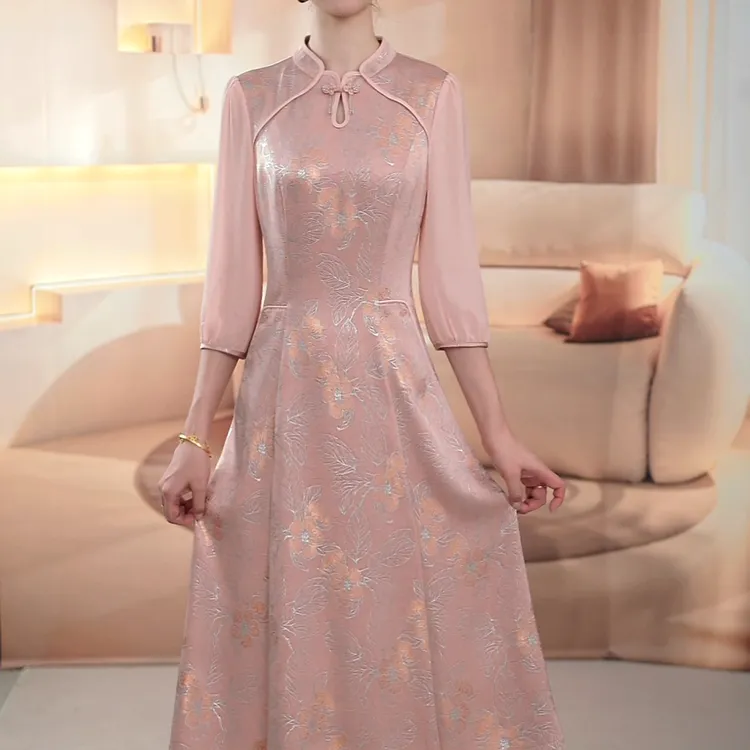 【亿沐阁女装】早秋新款修身优雅显瘦新中式气质减龄古典花色连衣裙