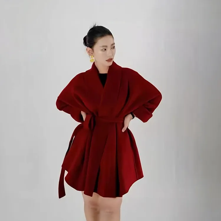 红色过年战袍双面羊绒翻领短款高级感羊毛呢外套