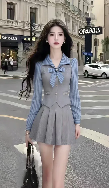 【现货】时尚休闲灰条纹拼接长袖修身上衣灰色百搭高腰半身裙两件套