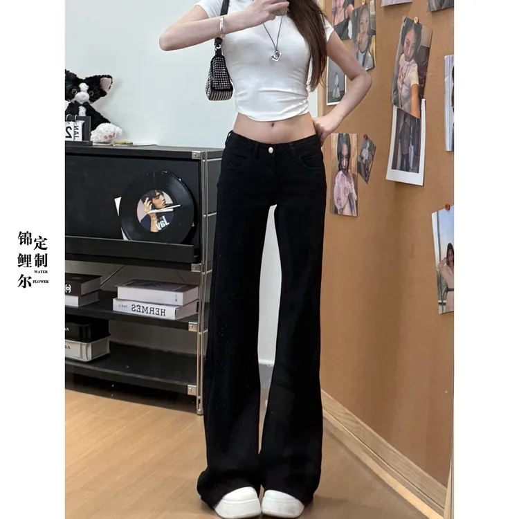 辣妹低腰圆口袋设计微喇牛仔裤女春夏新款弹力修身显瘦直筒喇叭裤