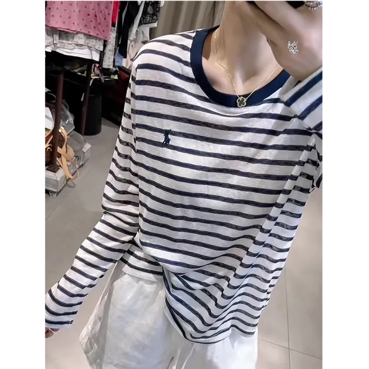 韩版小马印花撞色条纹优质棉长袖T恤秋装宽松显瘦减龄正肩打底衫