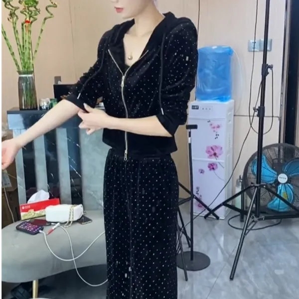 春季新款韩版时尚休闲连帽短款外套阔腿长裤套装女