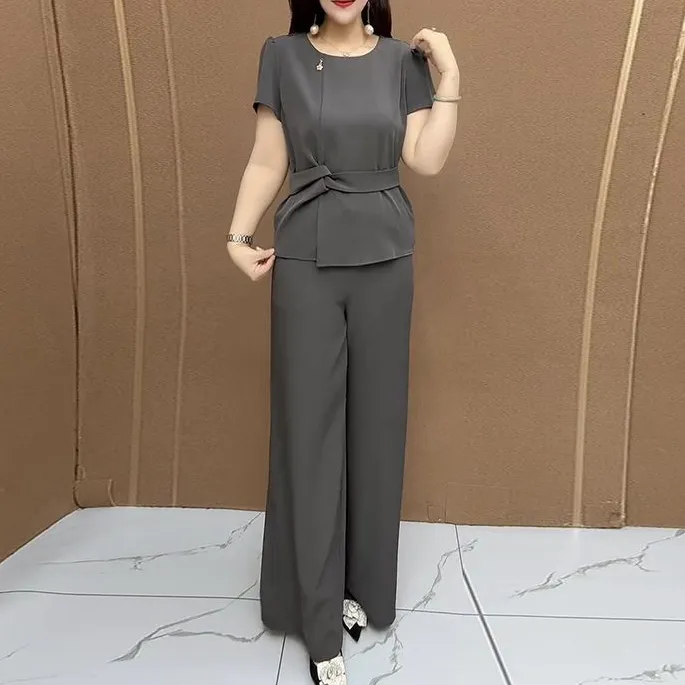 洋气潮流女士纯色套装气质百搭中年妈妈装减龄休闲收腰时尚两件套