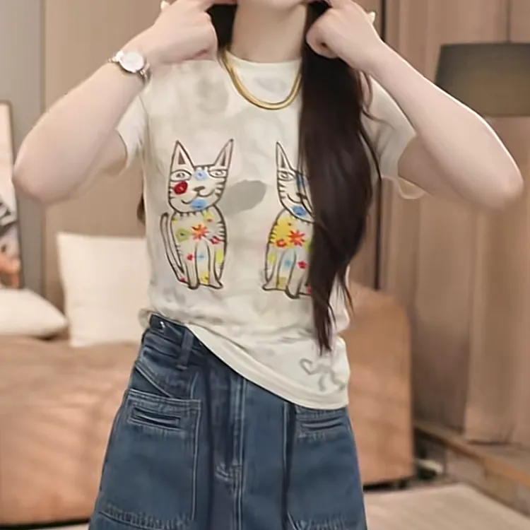 设计感刺绣减龄印花百搭短袖女2025夏季新款休闲常规圆领T恤上衣