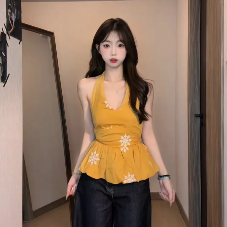 v领挂脖背心女夏季修身收腰无袖外穿设计感辣妹上衣
