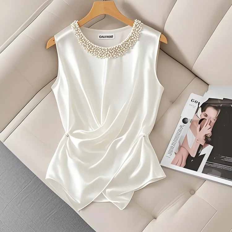 法式高级感钉珠小香风夏季外穿时尚百搭背心女款收腰显瘦上衣无袖