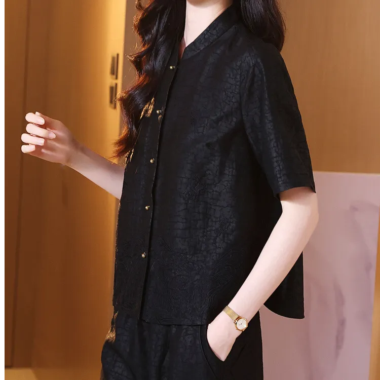 重工刺绣龟裂纹真丝香云纱上衣女夏气质短袖立领显瘦桑蚕丝短外套