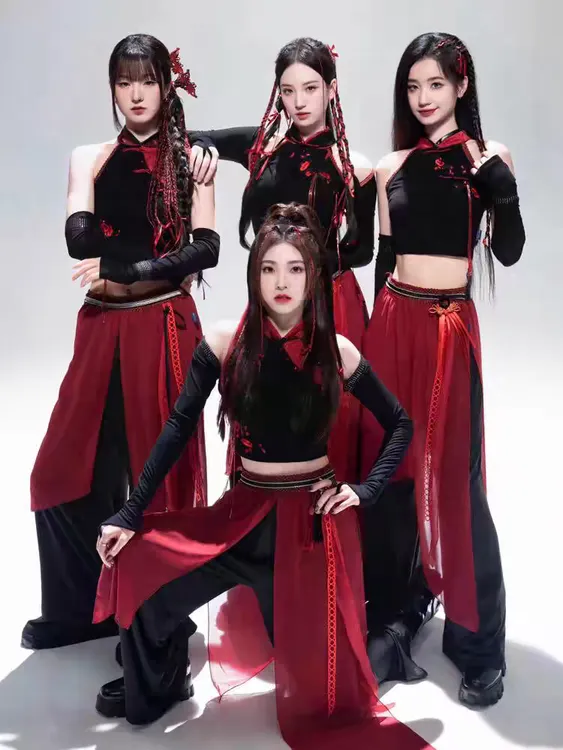 sing女团演出服中国风爵士舞蹈古典舞套装红黑色舞台表演打歌服