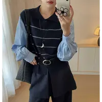 366#条纹长袖拼接假两件开衫